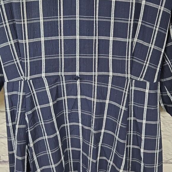 Calvin Klein Navy Belted Plaid Gauze Dress Balloon Puff Sleeves A-line CK Career - Picture 10 of 16